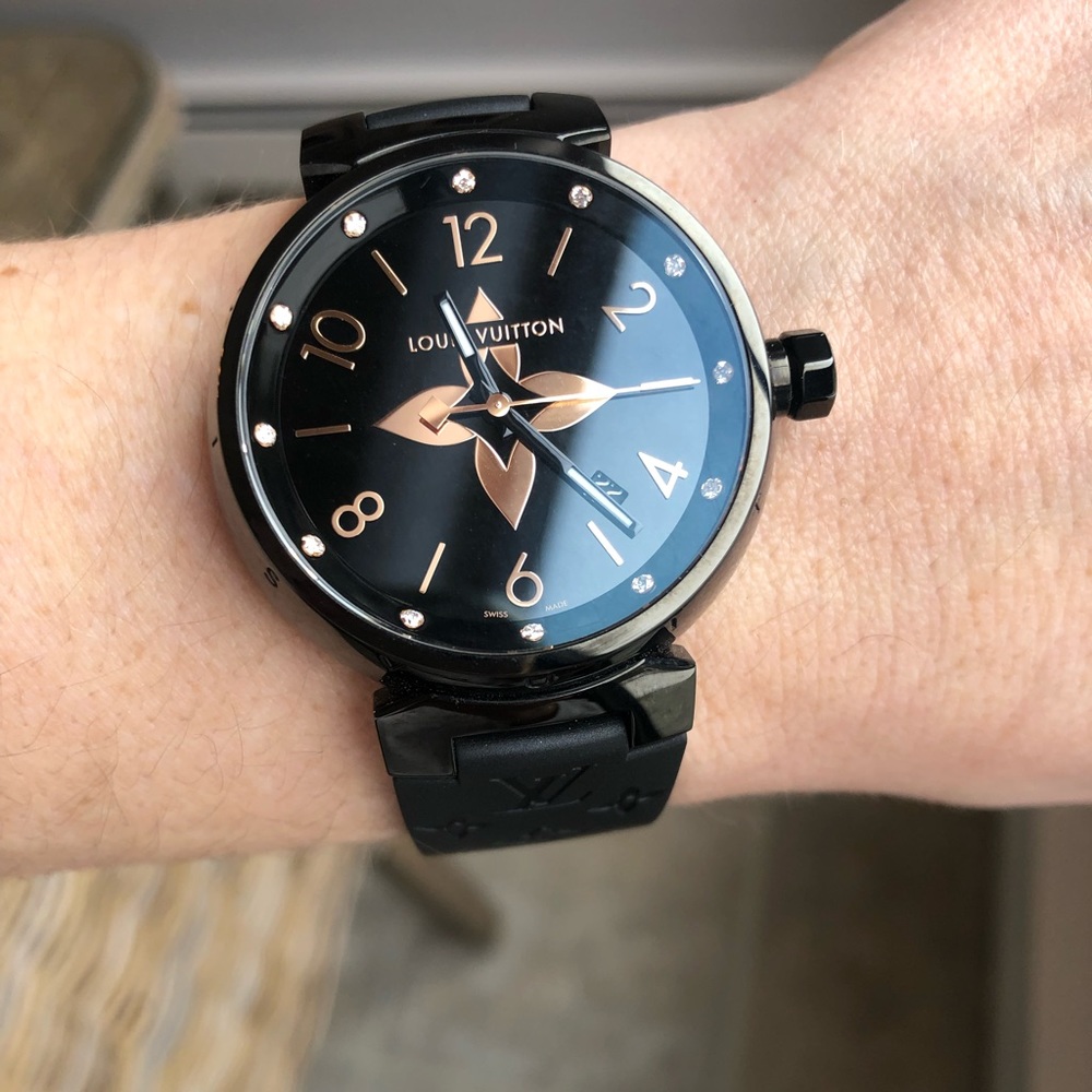 Women’s Louis Vuitton Tambour All Black Watch 39.5 Diamonds